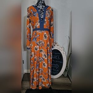 Bliss Orange and Blue Floral long Sleeve Dress